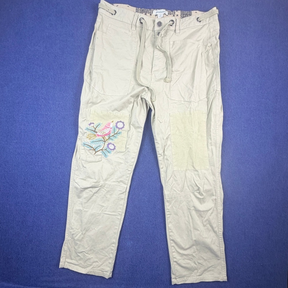 Sundance Tan Embroidered Bird Patch Cargo Pants Women 14 Boho Utility Straight